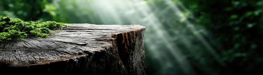 Tree stump revealing habitat destruction and environmental loss concept. Sunlight filtering through trees onto a mossy tree stump.