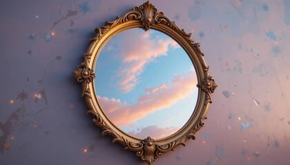 Ornate Gold Mirror Reflecting Sunset Sky