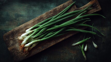 Fresh green onion on black wooden background
