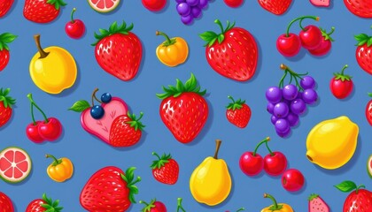 Playful and fun fruit pattern with strawberries, cherries, and grapes.