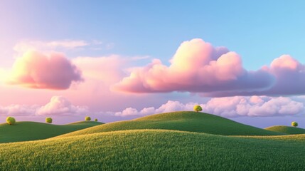 Obraz premium illustration of Summer fields landscape with a dawn,Rainbow, green grass hills, bright color blue sky, country background,banner resting vacation.