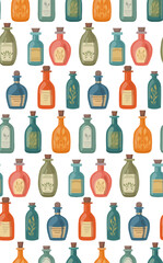 Fototapeta premium Vector seamless pattern with rows of whimsical glass potion bottles featuring botanical labels and cork stoppers. Perfect for fabric prints, packaging, wallpaper, and stationery.