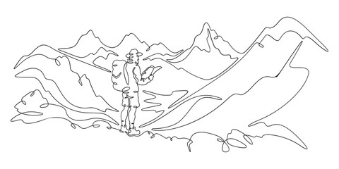 Continuous one line drawing tourist with a map. Traveler with a backpack and in shorts against the background of mountains. Mountain landscape.One continuous line isolated minimal illustration.Not AI.