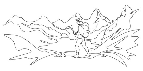 Obraz premium Continuous one line drawing tourist with a map. Traveler with a backpack and in shorts against the background of mountains. Mountain landscape.One continuous line isolated minimal illustration.Not AI.