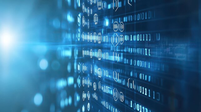 Abstract digital display of binary code and symbols. - Powered by Adobe
