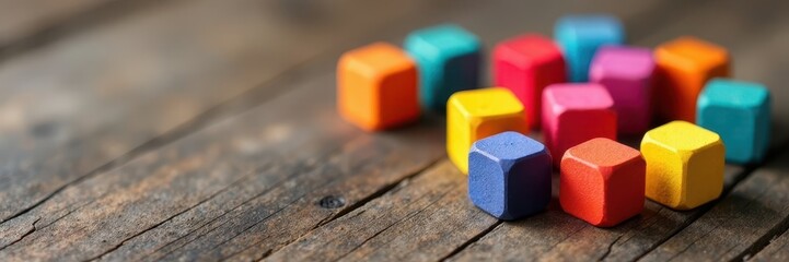Scattered colorful wooden cubes on rustic wood, building, special needs, development