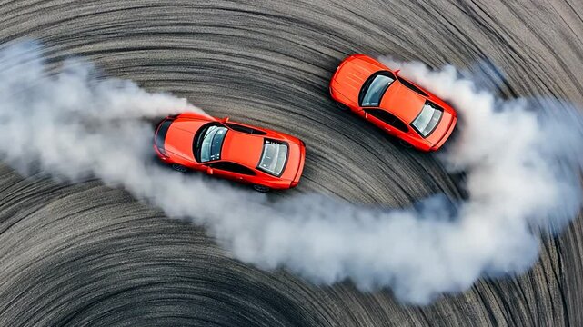 Aerial view of two red cars drifting in a spiral on a track