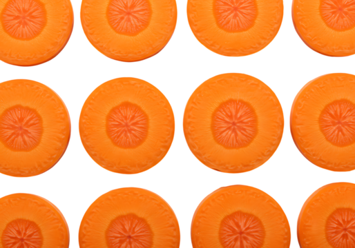 A repeating pattern of sliced carrots with visible inner circles on a black background evenly spaced out on transparent background