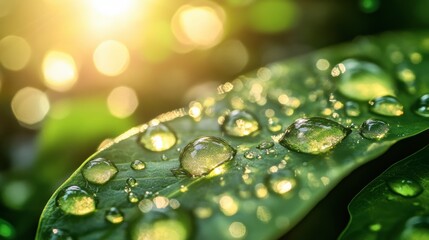 Large beautiful drops of transparent rain water on a green leaf macro