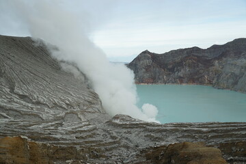 Volcanic eruption at kawah ijen crater indonesia nature photography stunning landscape aerial view natural phenomenon