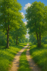 Fototapeta premium Forest Trail Amidst Sunlight: The viewer's perspective through a winding trail in a sun-dappled forest.