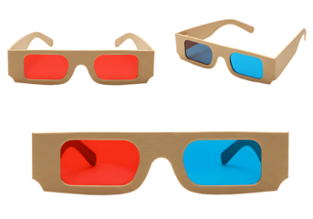 A close up of three pairs of cardboard framed glasses with red and blue lenses on a black background on transparent background