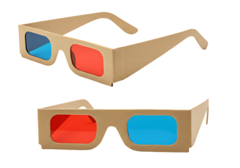 Two pairs of cardboard anaglyph glasses with red and blue lenses on a black background close up on transparent background