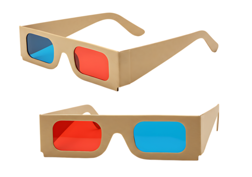 Two pairs of cardboard anaglyph glasses with red and blue lenses on a black background close up on transparent background
