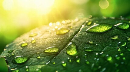 Large beautiful drops of transparent rain water on a green leaf macro