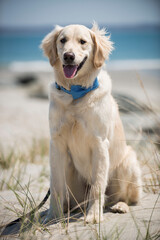 Golden Retriever Posing in Blue Bow Tie on Beach Day
