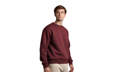 Young Man in Burgundy Sweatshirt Standing in Three-Quarter Pose Looking Sideways