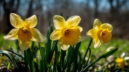 Obraz premium three daffodils in the park beautiful sunny day