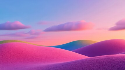 illustration of Summer fields landscape with a dawn,Rainbow, green grass hills, bright color blue sky, country background,banner resting vacation.