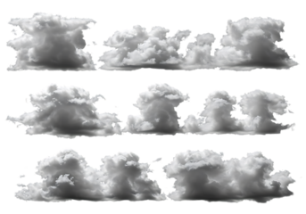 A set of three rows of fluffy white clouds against a black background in a digital image on transparent background