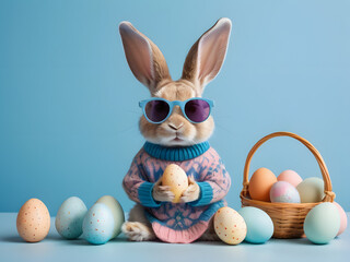 easter bunny wearing sunglasses with colourful easter eggs on blue background