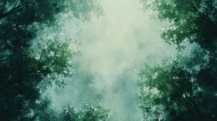 Looking up at the green tops of trees