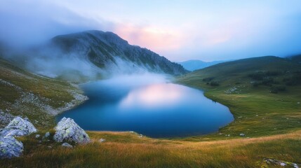 Misty morning scene of Lacu Rosu lake. Foggy summer sunrise in Harghita County, Romania, Europe. Beauty of nature concept background