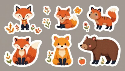 Obraz premium Woodland animal stickers featuring cute critters like foxes and bears.