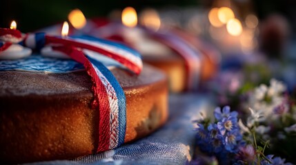 Traditional Slovenian potica cake with festive ribbons, glowing candlelight, alpine wildflowers; celebrating national pride and heritage.