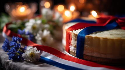 Traditional Slovenian potica cake with festive ribbons, glowing candlelight, alpine wildflowers; celebrating national pride and heritage.