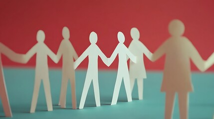 Paper Cutout Figures Holding Hands on Teal Surface with Red Background Design