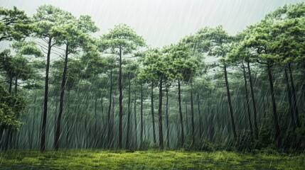 Pine Forest During Rainstorm Lush Trees