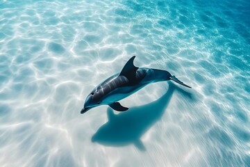 Obraz premium A dolphin swimming gracefully in clear blue water with sunlight reflecting on the sandy seabed below