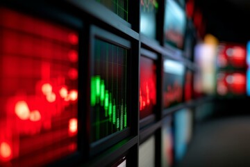 Wall of monitors displaying dynamic green and red graphs illustrating stock market fluctuations, financial volatility, and economic trends.