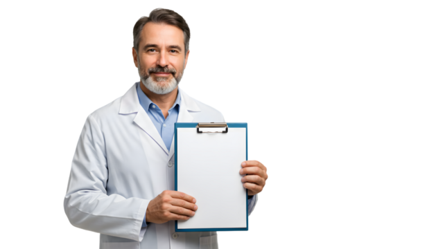 Medical professional doctor holding clipboard for healthcare information and data analysis on transparent background