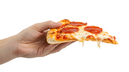 Pepperoni pizza slice held in hand isolated, delicious italian food, cheesy pizza, fast food concept on transparent background