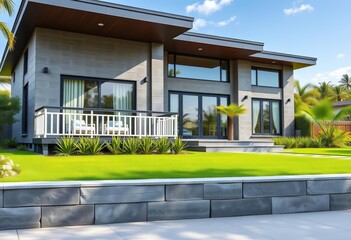 Modern gray house, front balcony, lawn garden, resort style, concrete, architectural design