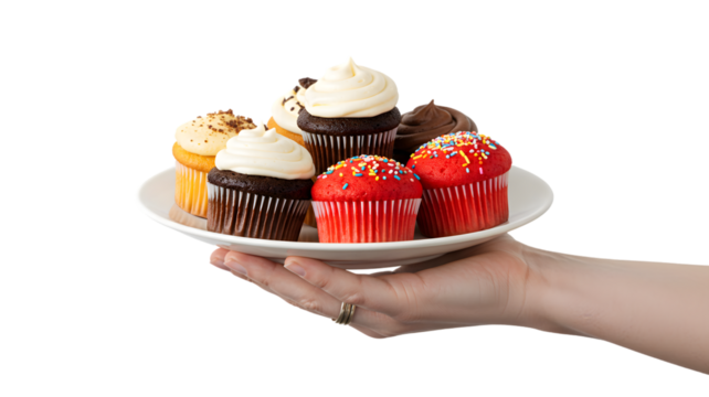 Delicious assorted cupcakes on a plate being held by a hand ready to be served for dessert treat on transparent background
