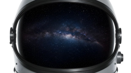 Astronaut helmet view of galaxy and stars in deep space for exploration and adventure theme imagery on transparent background
