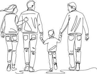Minimalist black linear sketch of a happy family walking together hand in hand with parents behind the child depicted in a continuous line art drawing style on white background