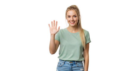 Friendly blonde woman waving hand portrait for greeting or hello gesture stock photo image resource on transparent background