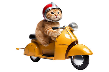 Cat in a helmet riding a scooter isolated on transparent background.