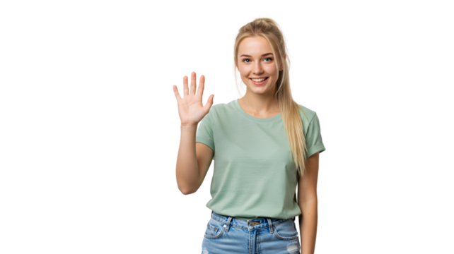 Friendly blonde woman waving hand portrait for greeting or hello gesture stock photo image resource on transparent background