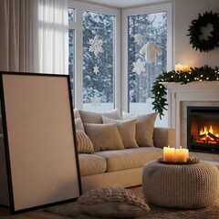 Obraz premium Frame mockup, ISO A paper size. Living room wall poster mockup. Interior mockup with house background. Modern interior design. 3D render 