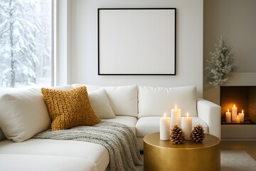 Frame mockup, ISO A paper size. Living room wall poster mockup. Interior mockup with house background. Modern interior design. 3D render 