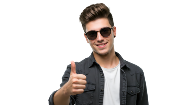 Attractive young man with sunglasses giving thumbs up gesture for approval and success concept on transparent background