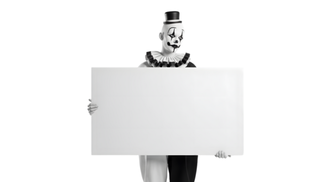 Creepy clown holding blank sign for halloween message or advertisement in monochrome style image art on transparent background