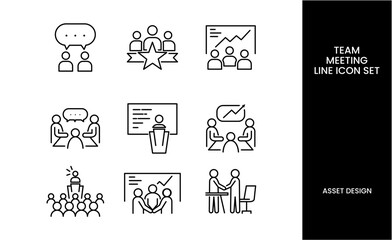Business Teamwork Line Icons. Meeting, Presentation, Collaboration, Discussion, Brainstorming, Corporate Communication Vector Set