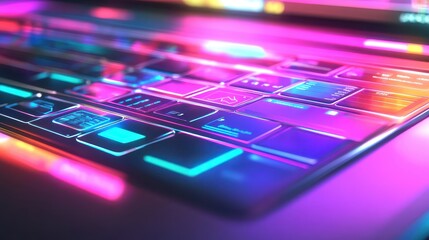 Close-up futuristic keyboard with vibrant glowing keys.
