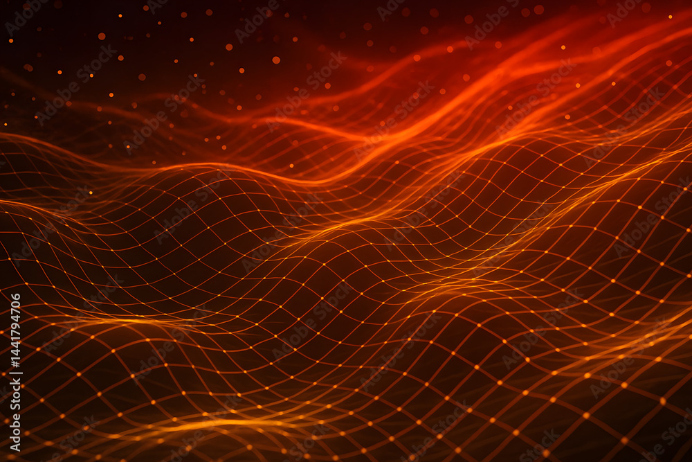Poster fiery data flow: an abstract digital depiction of flowing data, represented by undulating lines of f